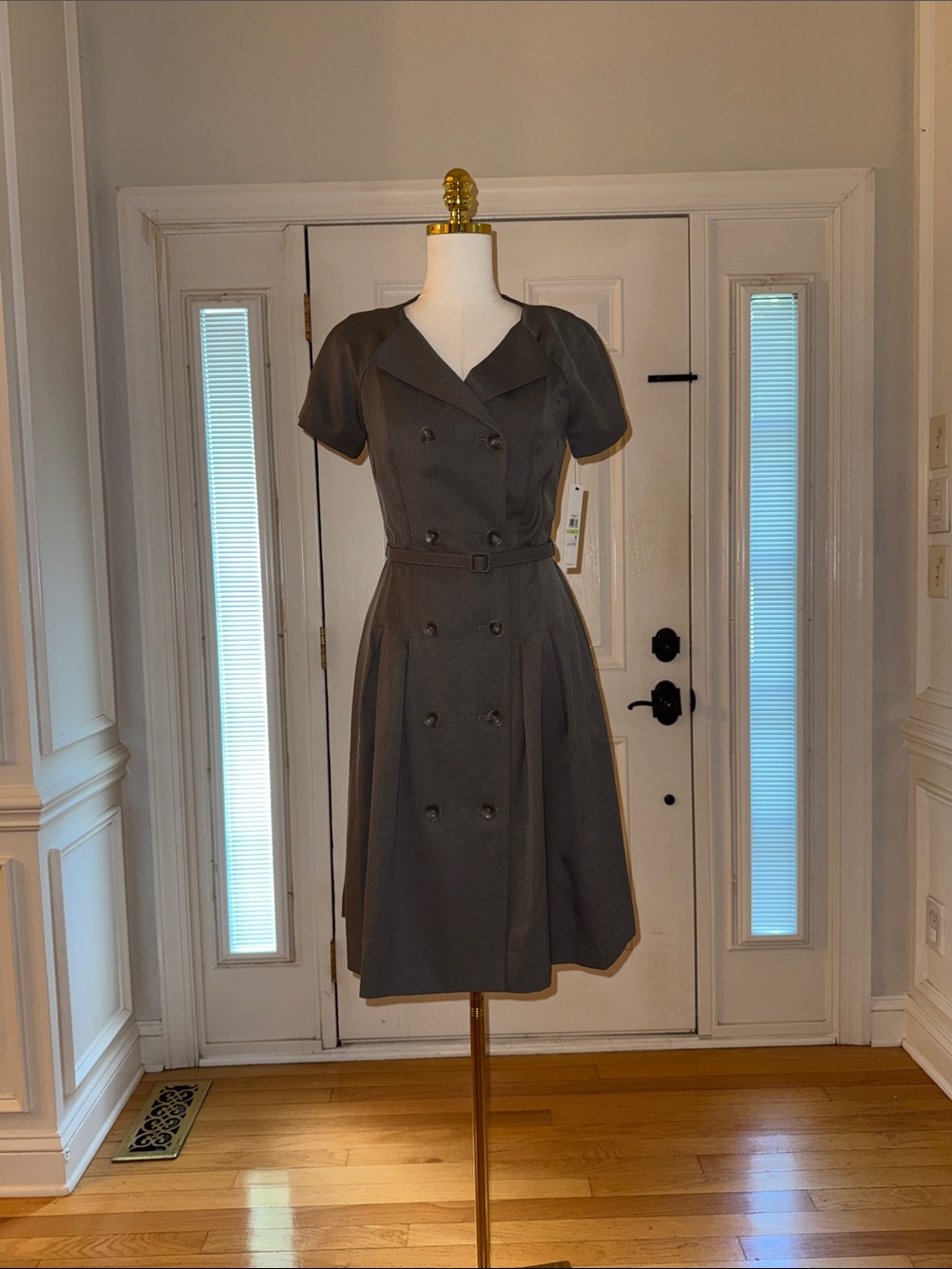 Calvin Klein Gray Double-Breasted Midi Dress with Waist Tie